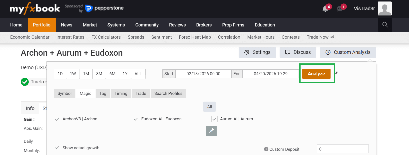 Analyze button highlighted in Myfxbook custom analysis